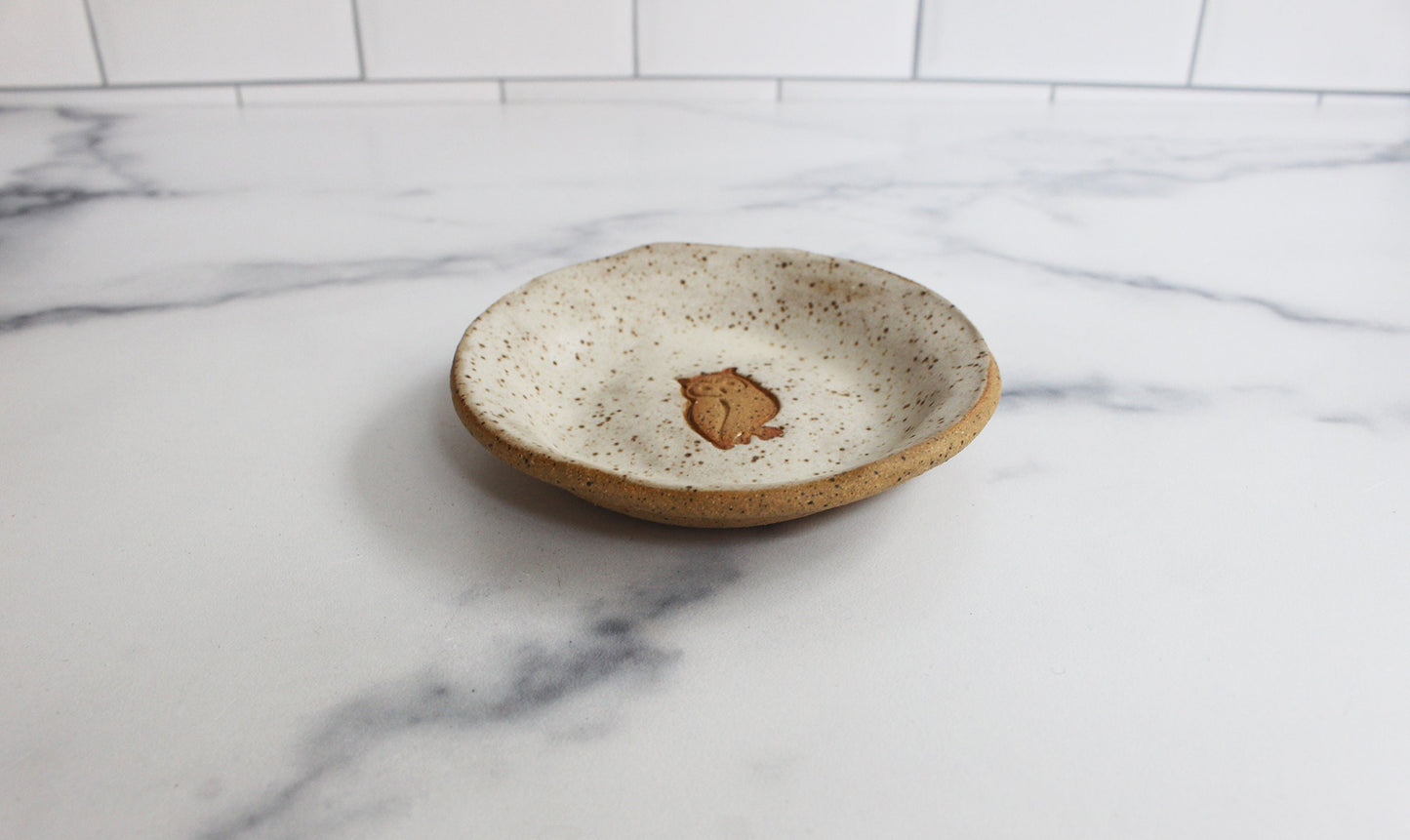 mini speckled bowl with stamped owl