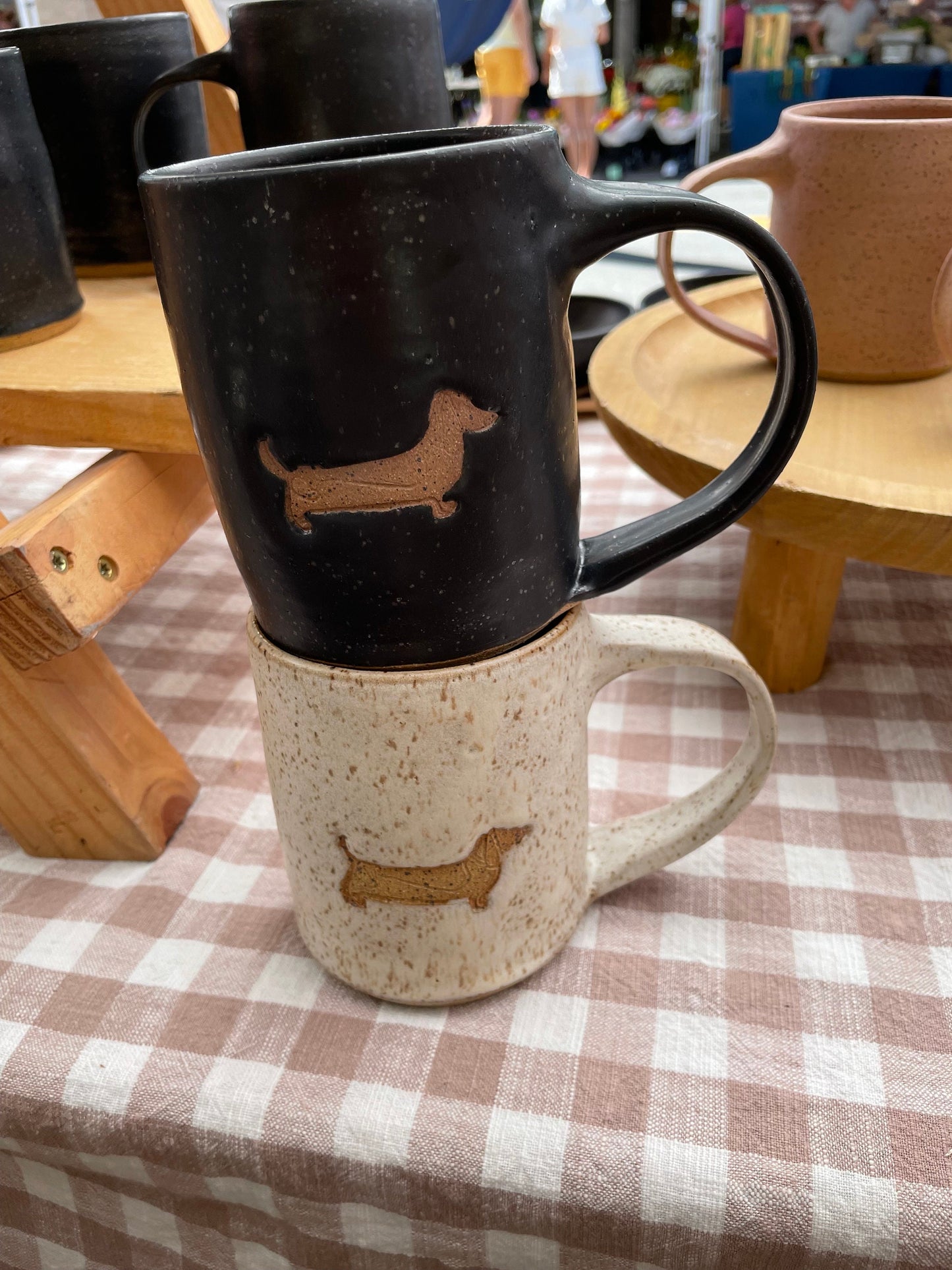 set of black and white dachshund mugs